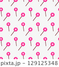 Spooky Halloween background with swirl lollipop in seamless style. Pink festive lollipop repeated pattern for scary candy decor. Concept holiday design with sweet Halloween lollipop theme. Wrapping 129125348