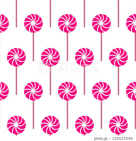 Christmas seamless pattern with pink swirl lollipop in festive style. Repeating sweet lollipop isolated on white. Concept decorative holiday background with cute Christmas lollipop design. Wrapping 129125349