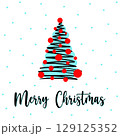 Christmas postcard with modern Christmas tree in doodle style. Hand drawn abstract tree with red balls, black zigzag garland. Concept festive winter holiday postcard for greeting or gift. Postcard 129125352