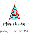 Hand drawn Christmas postcard, doodle tree, snowfall. Cute blue tree with red ornaments, festive typography. Winter holiday greeting, cheerful christmas postcard, minimalistic christmas postcard. 129125354