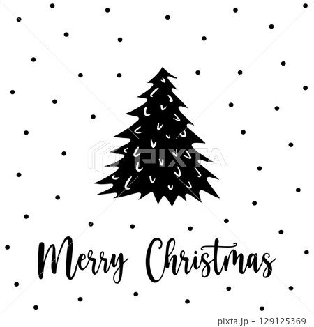 Christmas tree in ink style for postcard. Hand drawn sketch of Christmas tree with detailed branches isolated. Concept festive Christmas tree postcard in ink to send holiday greetings. Doodle, Xmas 129125369