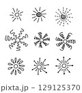 Doodle Sun, set of hand drawn black Icons isolated on white background. Swirl and twirl lines, dotted and wavy sun rays, zigzag, arrow rays, splash and fireworks. Simple scribble sun for decoration 129125370