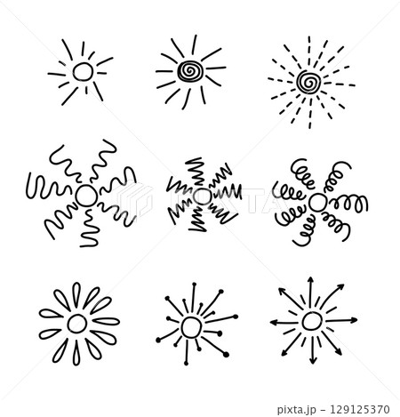 Doodle Sun, set of hand drawn black Icons isolated on white background. Swirl and twirl lines, dotted and wavy sun rays, zigzag, arrow rays, splash and fireworks. Simple scribble sun for decoration 129125370