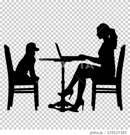 Remote work in a cafe. Silhouette illustration of a woman working on a laptop and a poodle dog Remote work in a cafe. Silhouette illustration of a woman working on a laptop and a poodle dog 129125383
