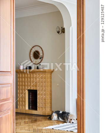 A Warm and Cozy Home Interior Featuring a Friendly Dog and Stylish Decorative Elements A Warm and Cozy Home Interior Featuring a Friendly Dog and Stylish Decorative Elements 129125487