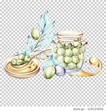 Delightful green olives and olive oil illustrated in watercolor showcasing the beauty of Italian cuisine and nature 129125656