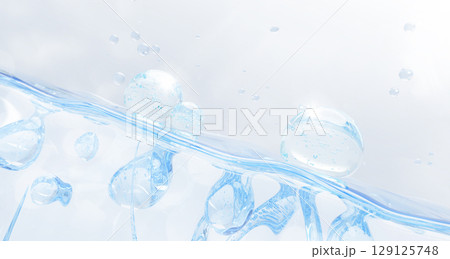 Blue gel serum 3d background with clear wave and drops. Liquid cosmetic water or lotion for skin. Moisture oil texture with collagen hyaluron or niacinamide bubbles. Cream snail mask. 3D illustration 129125748