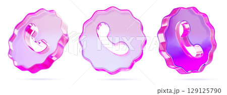 3d set of glass holographic phone call icon in different angles. Telephone handset badges with wavy edges, purple pink gradient. Contact center, hotline, customer service and support. 3D illustration 3d set of glass holographic phone call icon in different angles. Telephone handset badges with wavy edges, purple pink gradient. Contact center, hotline, customer service and support. 3D illustration 129125790