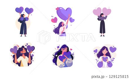 ハートを持つ女性のイラストセット｜愛とポジティブな感情表現 129125815