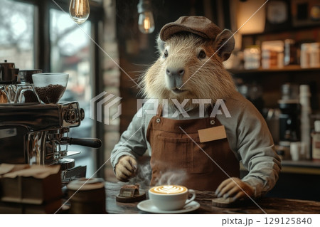 Capybara barista serving coffee in cozy cafe with warm lighting, creating latte art and engaging with customers in creative atmosphere during morning hours 129125840