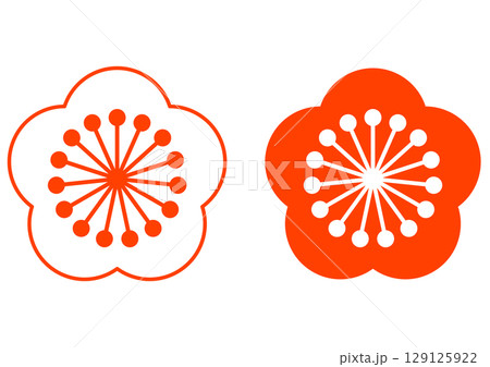 朱色の和柄のシンプルな梅の花セット 129125922