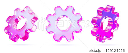 3d set of glass holographic gear or cogwheel icon in different angles. Crystal cog wheel with purple pink gradient. Industrial innovation, technical progress, engineering, settings. 3D illustration 129125926
