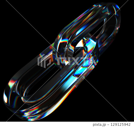 3d blockchain hyperlink of glass chromatic chain links isolated on black background. Crystal connected rings, bitcoin or ethereum transaction database, cryptocurrency mining concept. 3D illustration 129125942