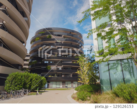 Vienna, Austria, July 19, 2023. Apartment in residential building exterior. 129126153