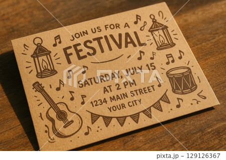 Festival invitation card with hand-drawn illustrations on brown kraft paper lying on wooden surface in warm light 129126367