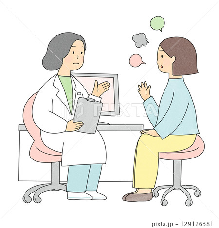 医者と話をする女性 129126381