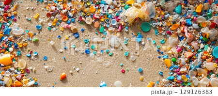 microplastics an the beach environmental pollution concept 129126383