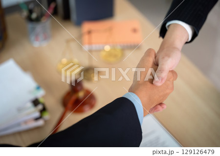 Legal Agreement. Professionals sealing a deal with a handshake in a law office. Legal Agreement. Professionals sealing a deal with a handshake in a law office. 129126479