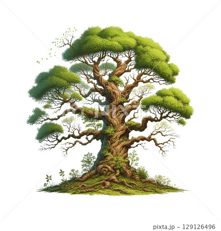 Detailed illustration of ancient tree with twisted branches and lush green foliage on white background. Fantasy nature design element 129126496
