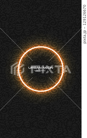Fun doodle vector pattern vertical banner on black. Hand drawn sketch brush stroke print, glow circle ring frame. Smartphone wallpaper trendy design. 70s 80s background. Simple scribble background 129126670