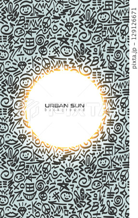Fun doodle vector pattern vertical banner on gray. Hand drawn sketch brush stroke print, glow circle white space. Smartphone wallpaper trendy design. 70s 80s background. Simple scribble background 129126671