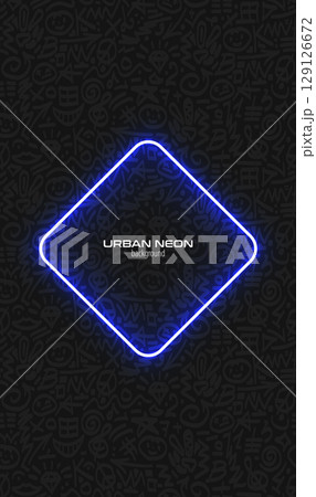 Fun doodle vector pattern vertical banner on black. Hand drawn sketch brush stroke print, glow blue neon rhombus frame. Smartphone wallpaper trendy design. 80s background. Simple scribble background 129126672