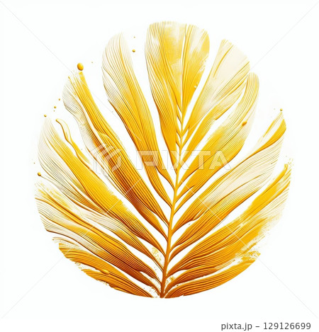 Abstract golden leaf pattern with intricate lines in a circular shape on a white background. Nature-inspired decorative design Abstract golden leaf pattern with intricate lines in a circular shape on a white background. Nature-inspired decorative design 129126699