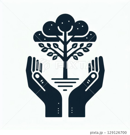 Black and white icon of hands holding a tree with leaves and roots. Symbol of environmental care, sustainability, and nature protection 129126700