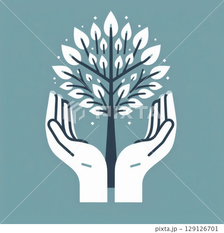 Tree with stylized white leaves held by two hands on a blue background. Minimalist flat design illustration 129126701