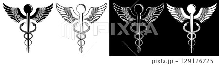 Gold Caduceus Medical Icon Vector Monochrome Stamp element set. Medical Snake Rod with Wings Caduceus Black White Tattoo Logo Sign Template Vector Isolated on White Background Gold Caduceus Medical Icon Vector Monochrome Stamp element set. Medical Snake Rod with Wings Caduceus Black White Tattoo Logo Sign Template Vector Isolated on White Background 129126725