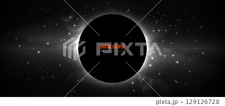 Eclipse tech modern background. Black hole outer space banner. Night starry sky geometrical pattern retro effect. Star light galaxy abstract universe. Dark moon center circle sci-fi background 129126728