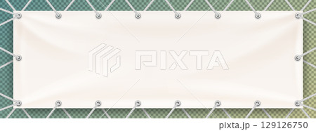 White mock up textile banner with eyelets and white ropes. Hanging advertising promo banner vector template isolated on transparent background 129126750