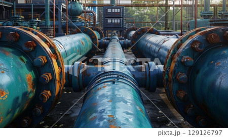 gas storage facility, large pipes with blue color, gas storage facility, large pipes with blue color, 129126797