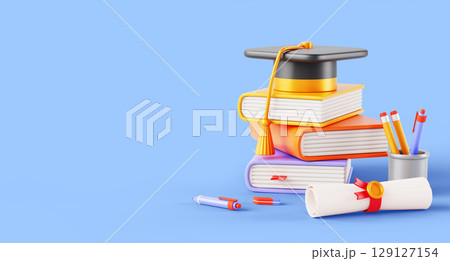 3d stack of books with graduation cap and paper diploma rolled. Color pile of textbooks, certificate scroll, pen, pencil on blue bg. High school or college banner template. Education. 3D illustration 129127154
