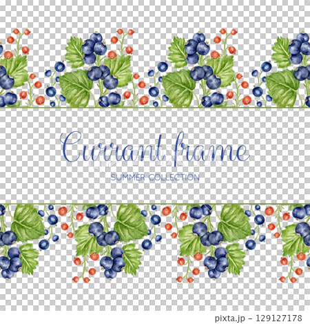 Frame with red and black currant berries and green leaves. Colorful, juicy summer background for greeting cards, invitations, cookbooks, menus, and birthdays. Square watercolor template. 129127178