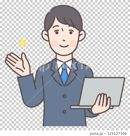 Male office worker giving directions while holding a laptop 129127306