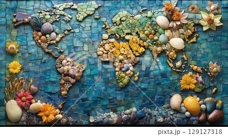 World map crafted from natural materials showcasing vibrant colors and textures representing various geographical features and artistic representation of continents and oceans World map crafted from natural materials showcasing vibrant colors and textures representing various geographical features and artistic representation of continents and oceans 129127318