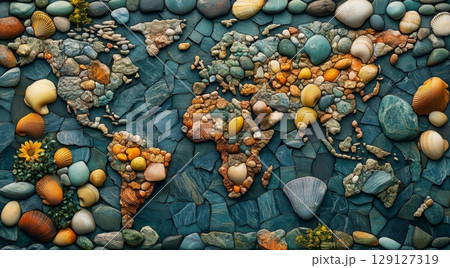 World map created with stones and shells showcasing cartography artistry reflecting continents and oceans using natural materials and textures to highlight geography diversity 129127319