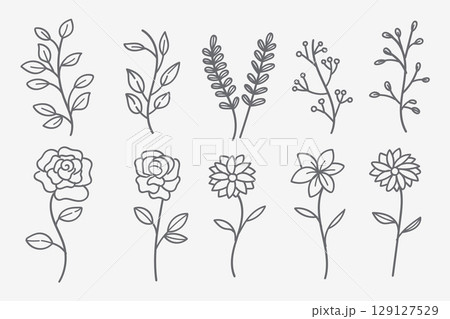 Vector set of doodle flower and leaf elements.Autumn and spring collection 129127529