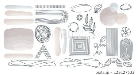 Set of elements for wall art minimal poster. Scandinavian style hand drawn wall art decor. Abstract line art design elements. Can be used for cover, print, poster, wall decoration. 129127532