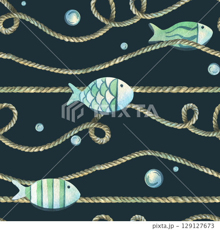 Wavy ropes with swimming fish and scattered bubbles on navy background. Hand-painted watercolor illustration. Seamless pattern for packaging, wallpaper and textiles. 129127673