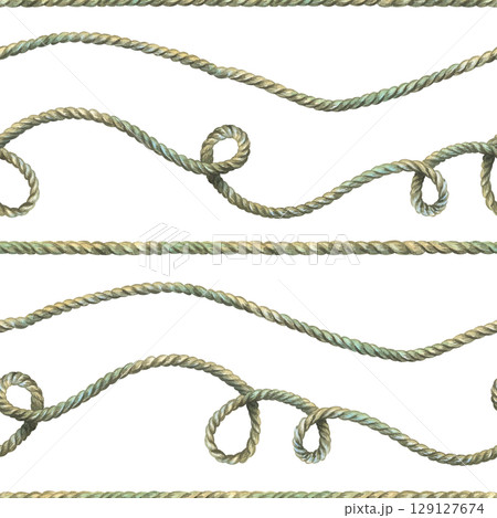 This seamless hand-painted watercolor illustration highlights looping twisted ropes in earthy tones, forming gentle curves and knots for marine-inspired textile and surface design. 129127674