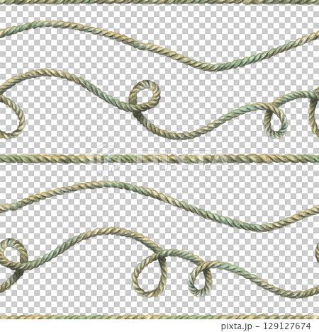 This seamless hand-painted watercolor illustration highlights looping twisted ropes in earthy tones, forming gentle curves and knots for marine-inspired textile and surface design. 129127674