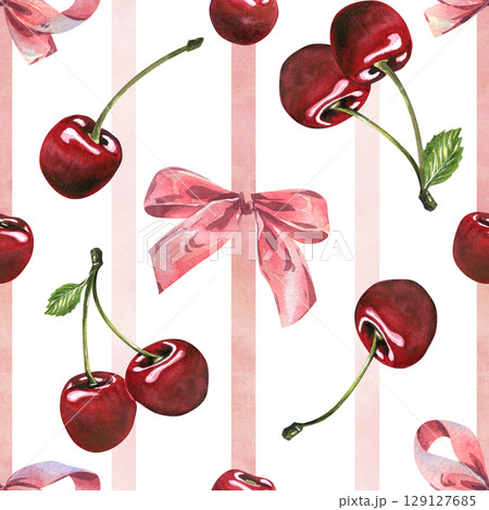 This seamless pattern hand-painted watercolor illustration features cherries with delicate pink bows on light stripes, perfect for romantic and girly designs. This seamless pattern hand-painted watercolor illustration features cherries with delicate pink bows on light stripes, perfect for romantic and girly designs. 129127685