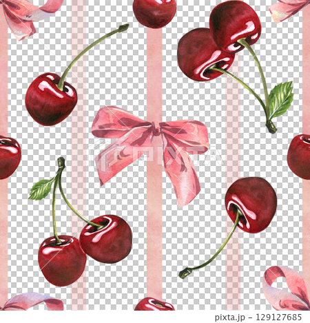 This seamless pattern hand-painted watercolor illustration features cherries with delicate pink bows on light stripes, perfect for romantic and girly designs. This seamless pattern hand-painted watercolor illustration features cherries with delicate pink bows on light stripes, perfect for romantic and girly designs. 129127685
