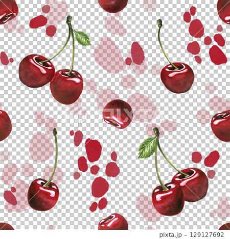 Playful seamless pattern hand-painted watercolor illustration featuring cherries and abstract dots on soft pastel background. Fun and modern composition for print use. 129127692