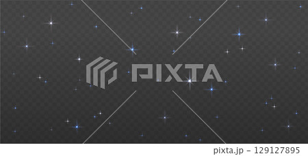 Blue space with stars PNG with glowing universe elements. Shining starry sky and galaxy cold winter lights on a transparent background. Perfect for cosmic designs. Vector with transparency 129127895