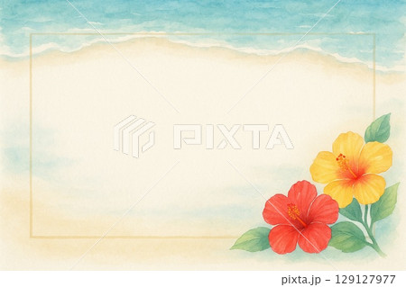ポストカード　ハイビスカスと南国の海 129127977