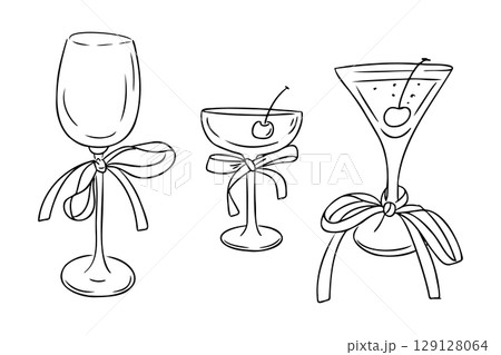 Hand drawn illustration of wine, cocktail and champagne glasses decorated with bows and cherries 129128064