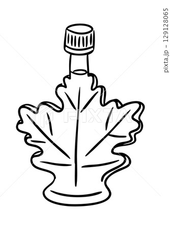 Hand drawn bottle shaped like a maple leaf, outlined in black with screw cap on top 129128065